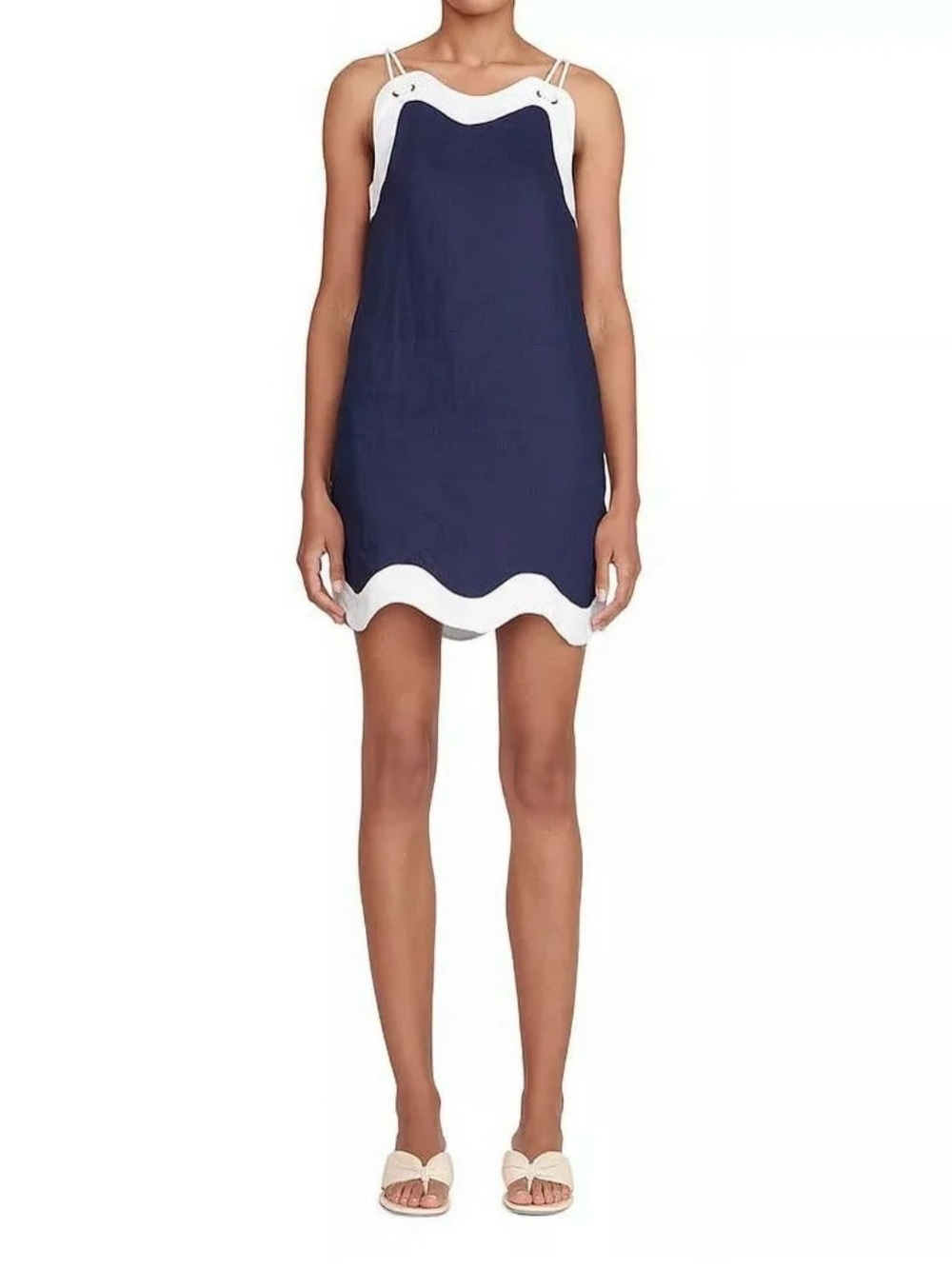 STAUD Renata Linen Navy Mini Dress with White Scalloped Trim size XS
